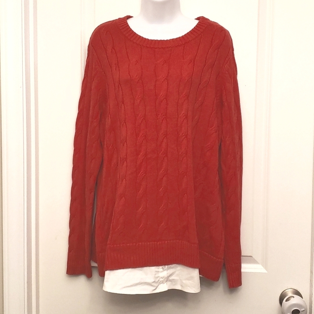 Denim & Company Red Cable Knit Sweater Crewneck Layered White Shirt Large